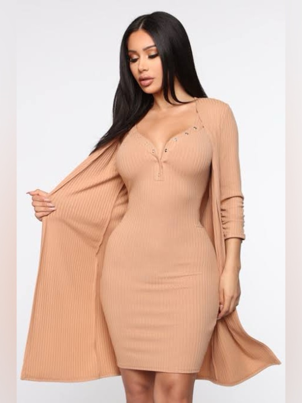 Fashion Nova Ribbed Dress Set - Nude